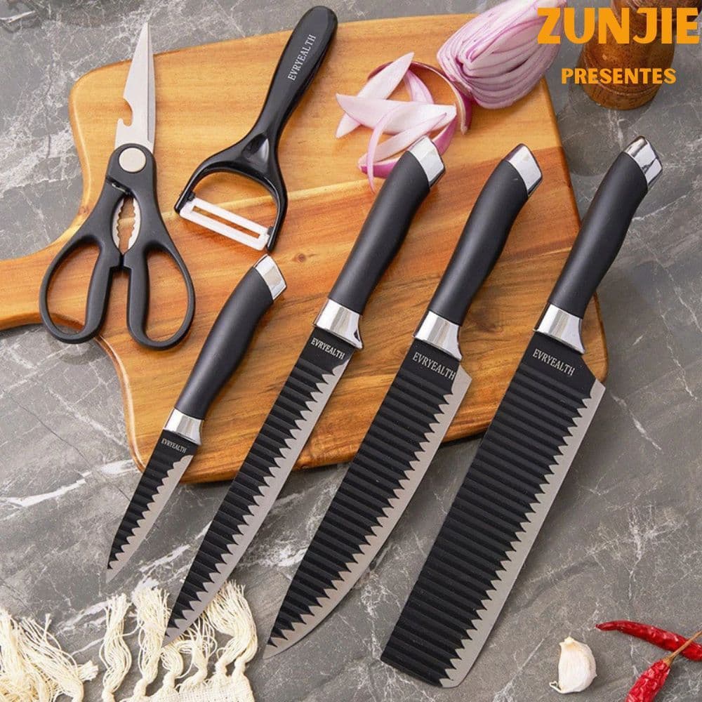 Kit de 6 Facas Cozinha Churrasco Inox Profissional Antiaderente SZJ-04