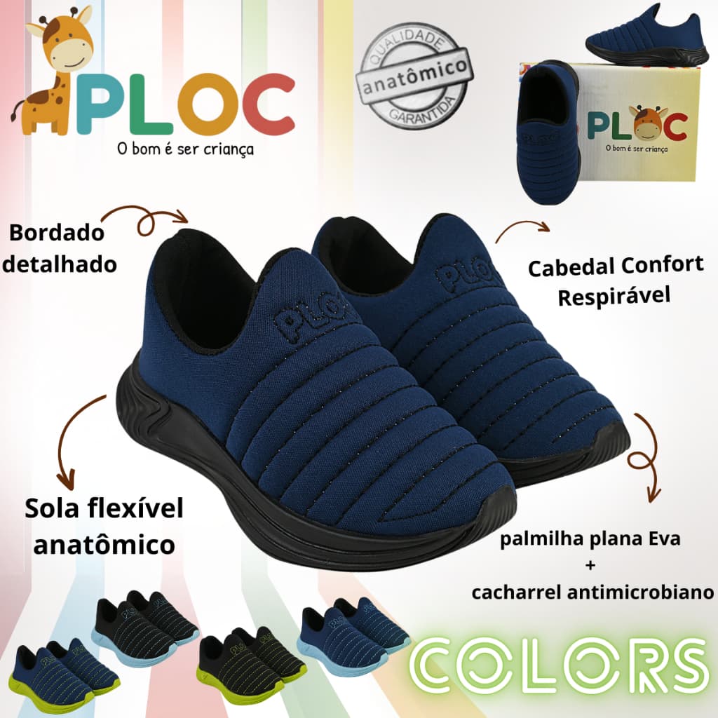 Tênis Ploc COLORS Infantil Menino Calce Fácil Jogging Anatômico (ESCOLHA A COR)