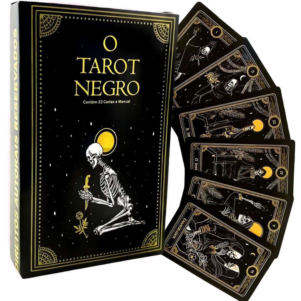 Baralho Tarô Marselha Tarot Negro com 22 Cartas e Manual Arcanos Maiores