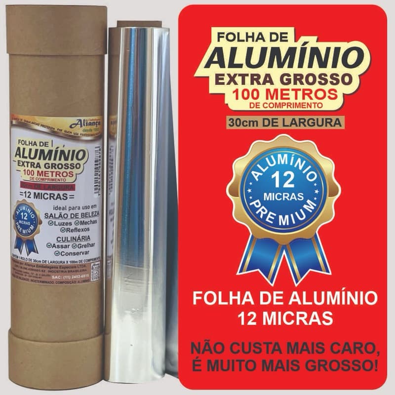 Rolo de Papel Alumínio extra grosso 12 micras 30cm com 25m - 50m ou 100m para Culinária e Salão de Cabeleireiro