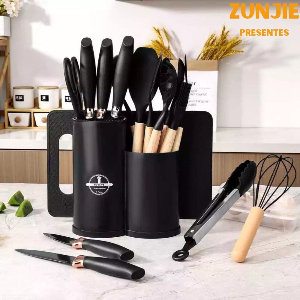 Kit 19 Peças Jogo Utensílios de Cozinha Luxo Com Tábua em Silicone Espátula Faca Tesoura SZJ-08