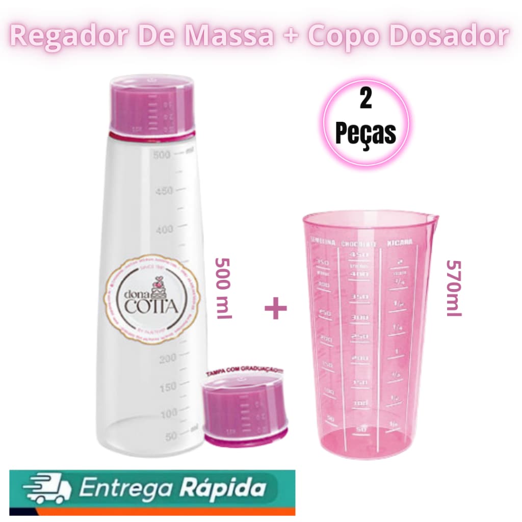 Regador Bisnaga Umedecer massas Bolo 500ml Rosa + Copo Medidor 570ml Rosa