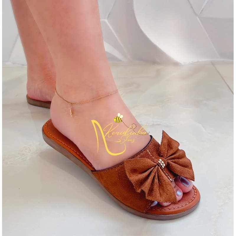 Sandália feminina rasteirinha plana com laço e strass