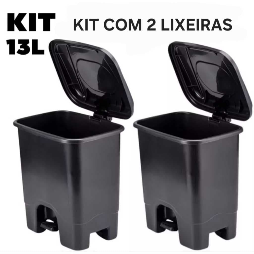 Kit 2 Lixeiras 13 Litros Cesto Com Tampa Grande Com Pedal Preta Escritório Banheiro Cozinha