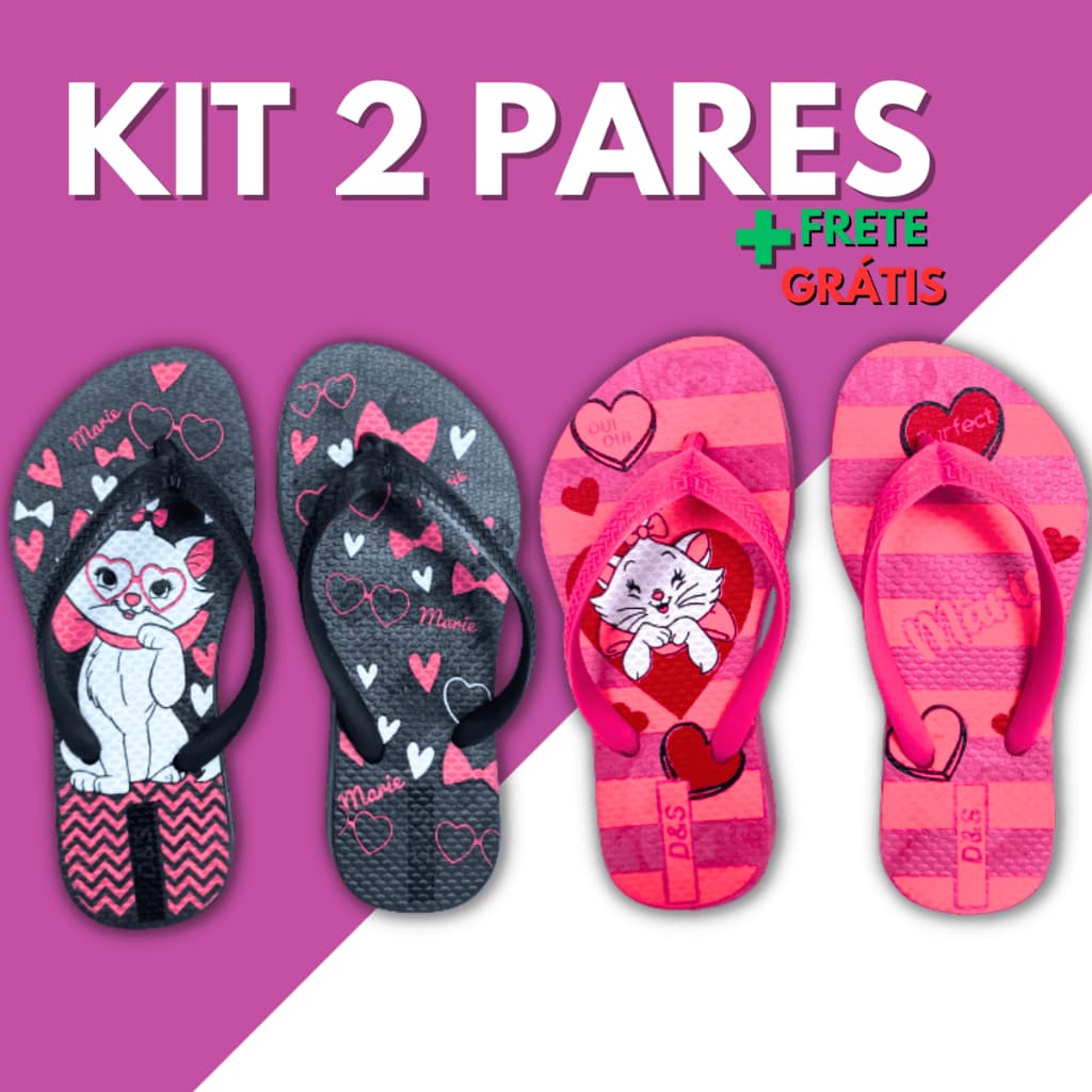 Kit 2 Pares Chinelo Sandalia Feminino Infantil Menina Criança Slim Personagem Gatinha Confortável Kids Macio Leve Verão