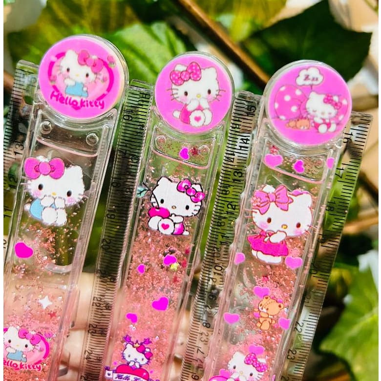 Régua Hello Kitty Dobrável Água Glitter Brilho Transparente 15 ou 30cm Kawaii Papelaria Fofa Escola