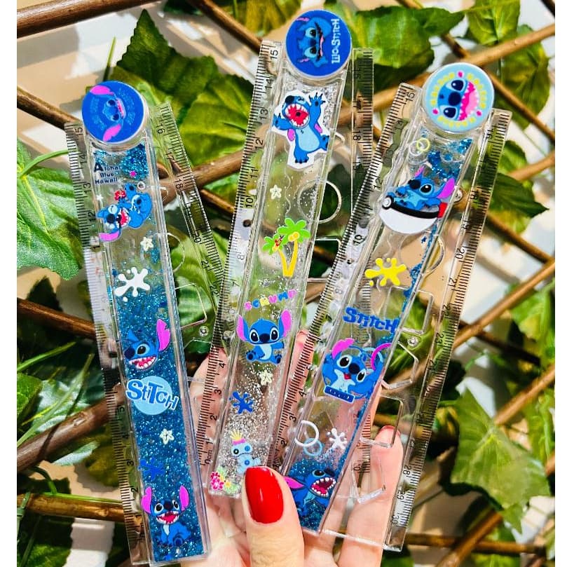 Régua Stitch dobrável Água Glitter brilho Transparente 15 ou 30cm Kawaii Papelaria Fofa Escola