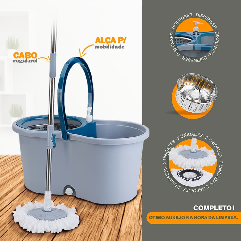 Mop 14 Litros Cabo 140 Cm + 2 Refis  Com Cesto Em Inox  + Dispenser  e Rodas - Azul - Bhz Store