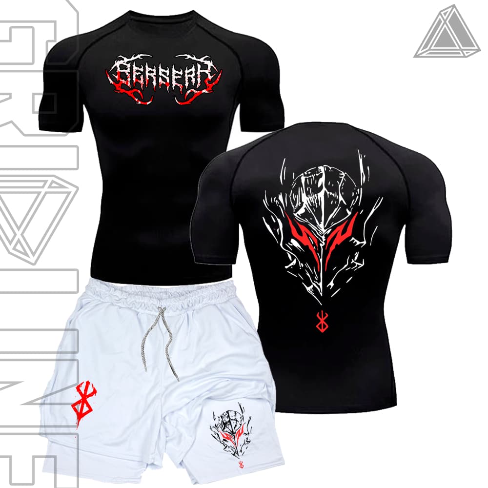 Kit Camiseta Compressão e Short compressão 2 Em 1 Anime Manga Bersek Cavaleiro Designer Gym Dark Mode