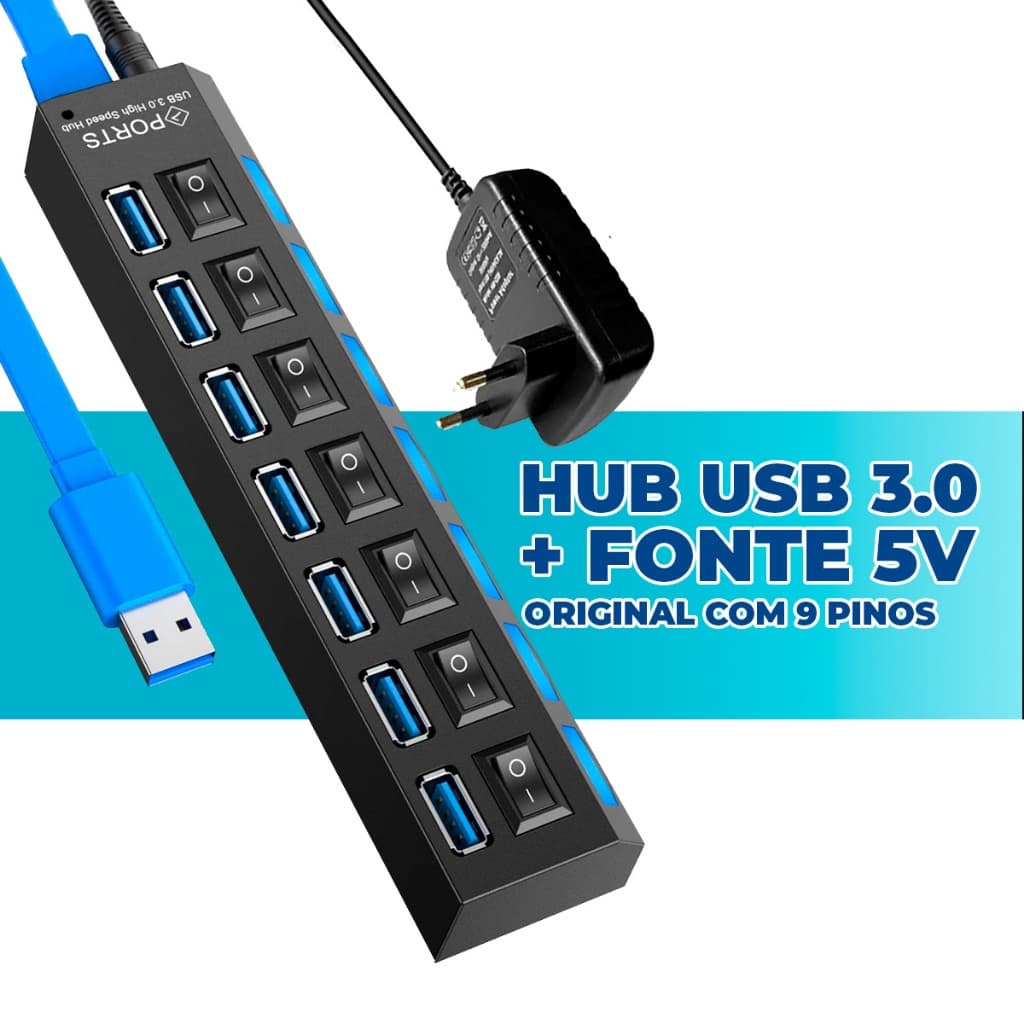 Régua Hub Usb 3.0 com Fonte 5v 7 Portas High Speed Mouse Hd Externo