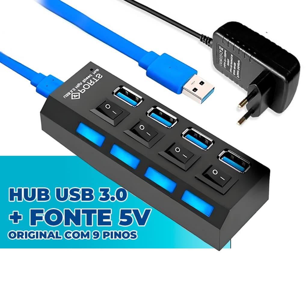 Régua Hub Usb 3.0 Extensor 4 Portas Com Fonte 5v Hd Pen Drive