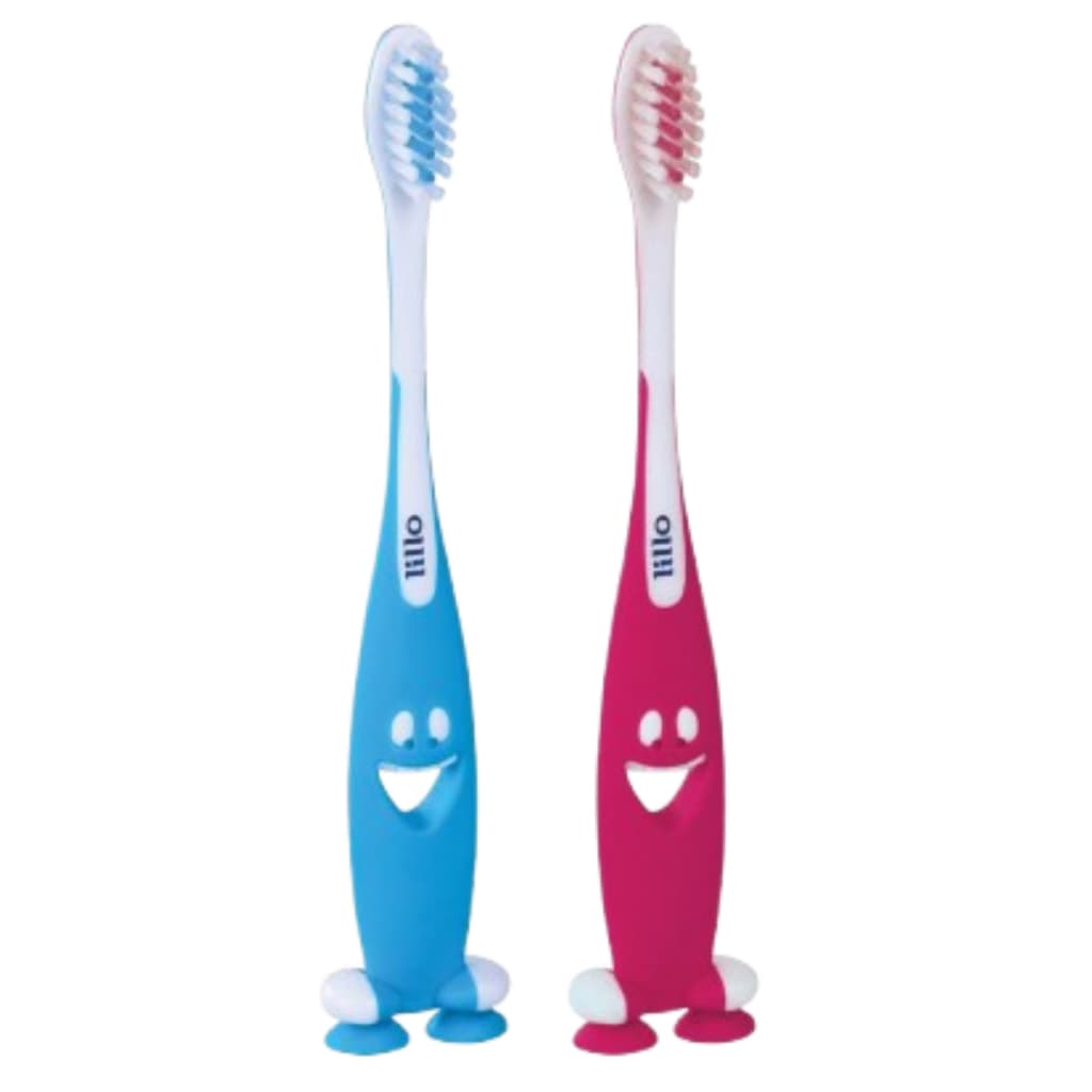 Escova de Dentes Infantil Cerda Extra Macia Cabo Emborrachado com Ventosa Lillo Rosa Azul 1 a 5 Anos