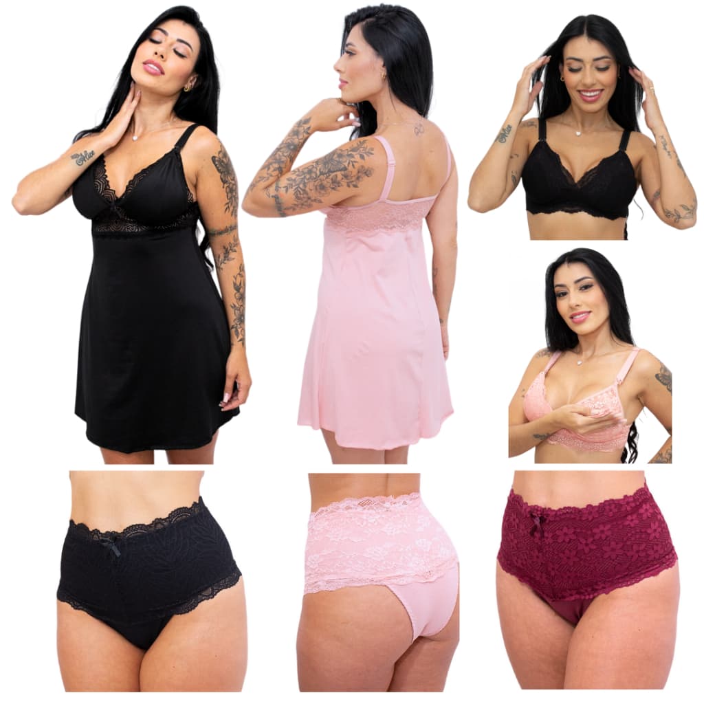 Kit PROMOÇÃO 7 peças Amamentação Camisola Calcinha Sutien Sem Bojo Gestante Maternidade Pós Parto
