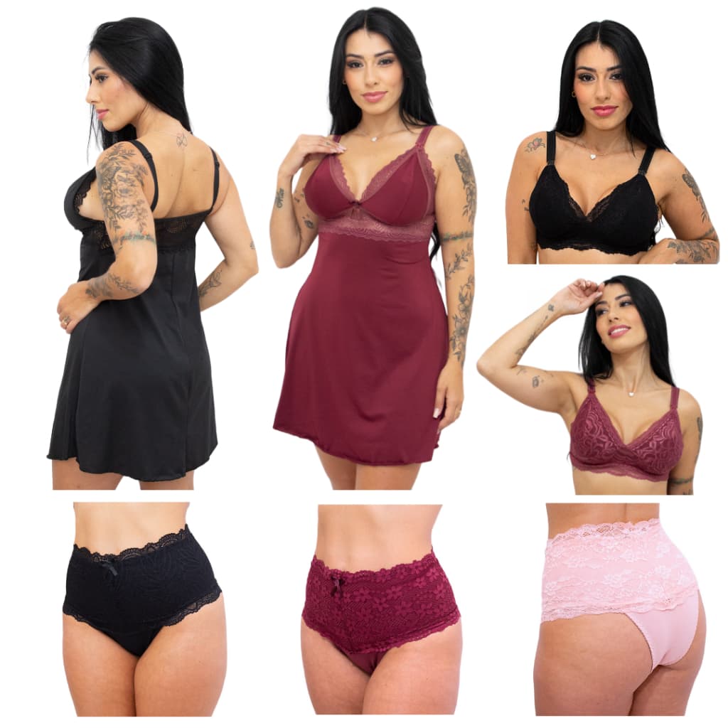 Kit Amamentação 2 Camisola + 2 Sutiã + 3 Calcinha Pós Parto Roupas Para Gestante Lactantes Conjunto