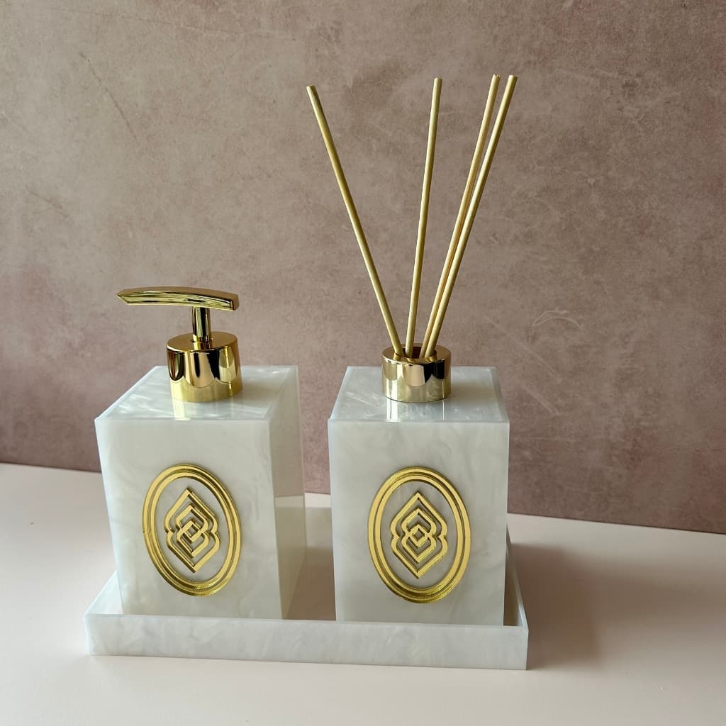 Kit lavabo SABONETEIRA + DIFUSOR + BANDEJA personalizado clinica studio beleza