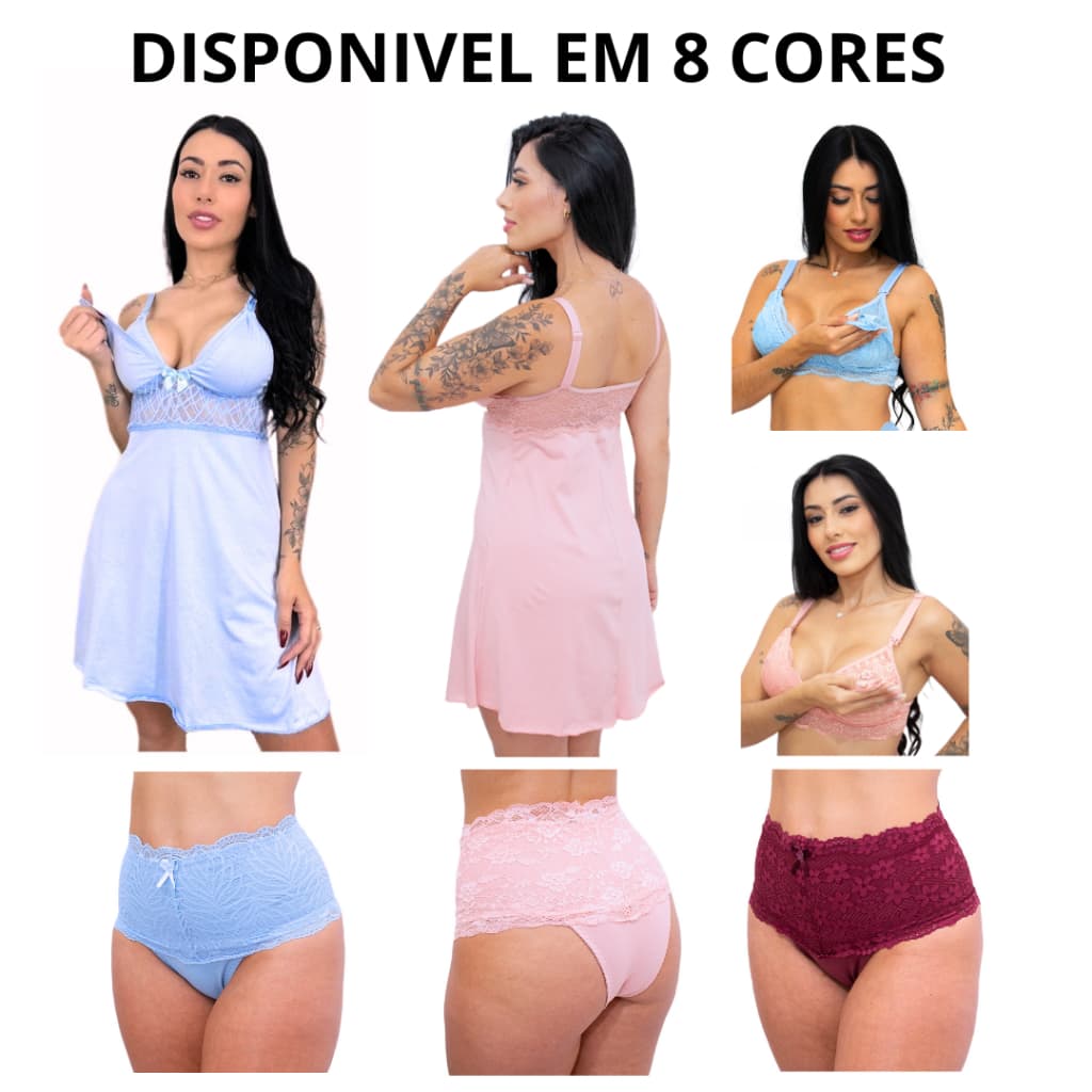 Kit Amamentação 2 Camisola + 2 Sutiã + 3 Calcinha Pós Parto Maternidade Camisola saída  maternidade
