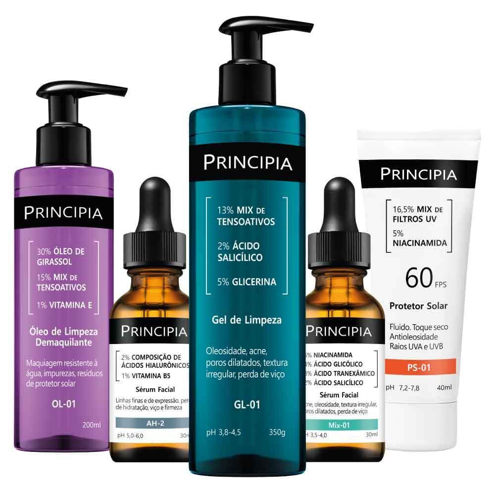 Principia Kit Antiacne Demaquilante Essencial - GL-01 + MIX-01 +Protetor solar facial+ OL-01 + AH-2