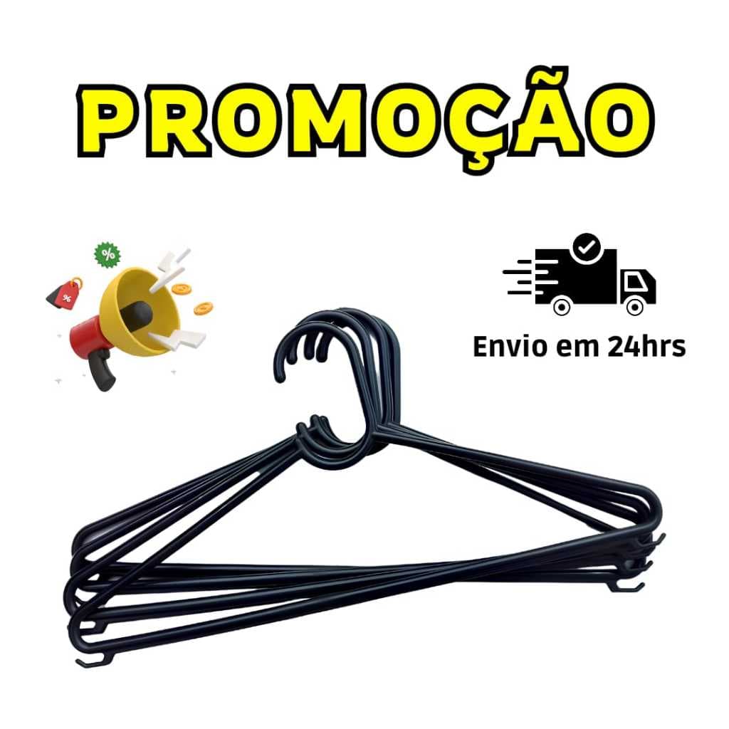 Cabide Adulto Preto Kit 10, 20, 30, 40, 50, 60, 80 ou 100  Cabides Reforçados Organizar Roupas