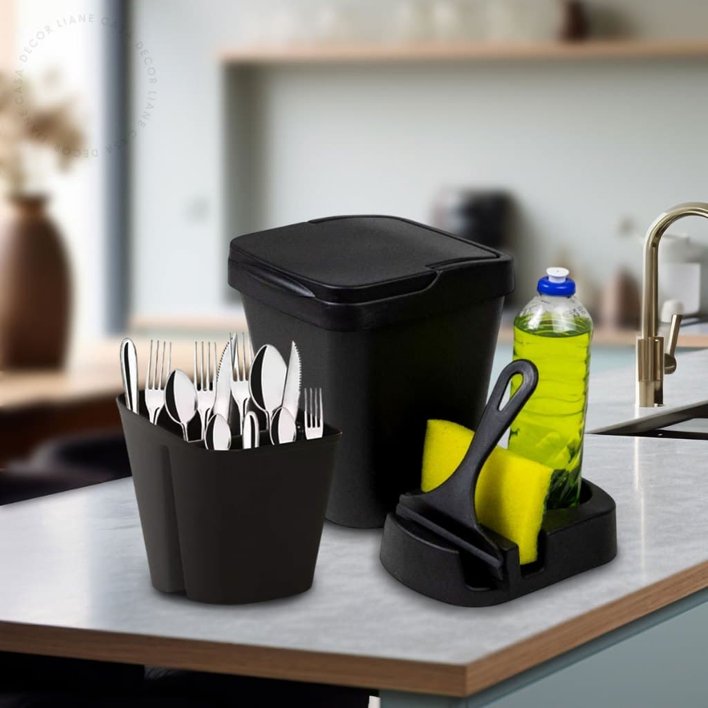 Kit Pia Cozinha Multiuso Lixeira Rodo de Pia Porta Detergente Porta Talher 4 Peças