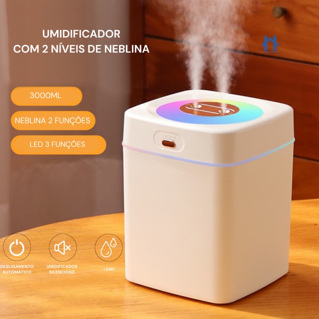 Umidificador Grande 3000ML Com Saída Dupla Luzes LED's Coloridas Silencioso e Neblinas Controláveis