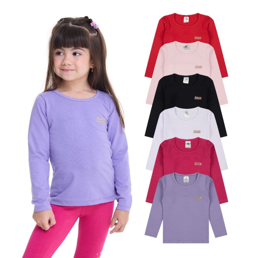 Kit 3 ou 5 Blusas Manga Longa Infantil Menina Algodão Lisa Feminino Camiseta Inverno Basica Frio