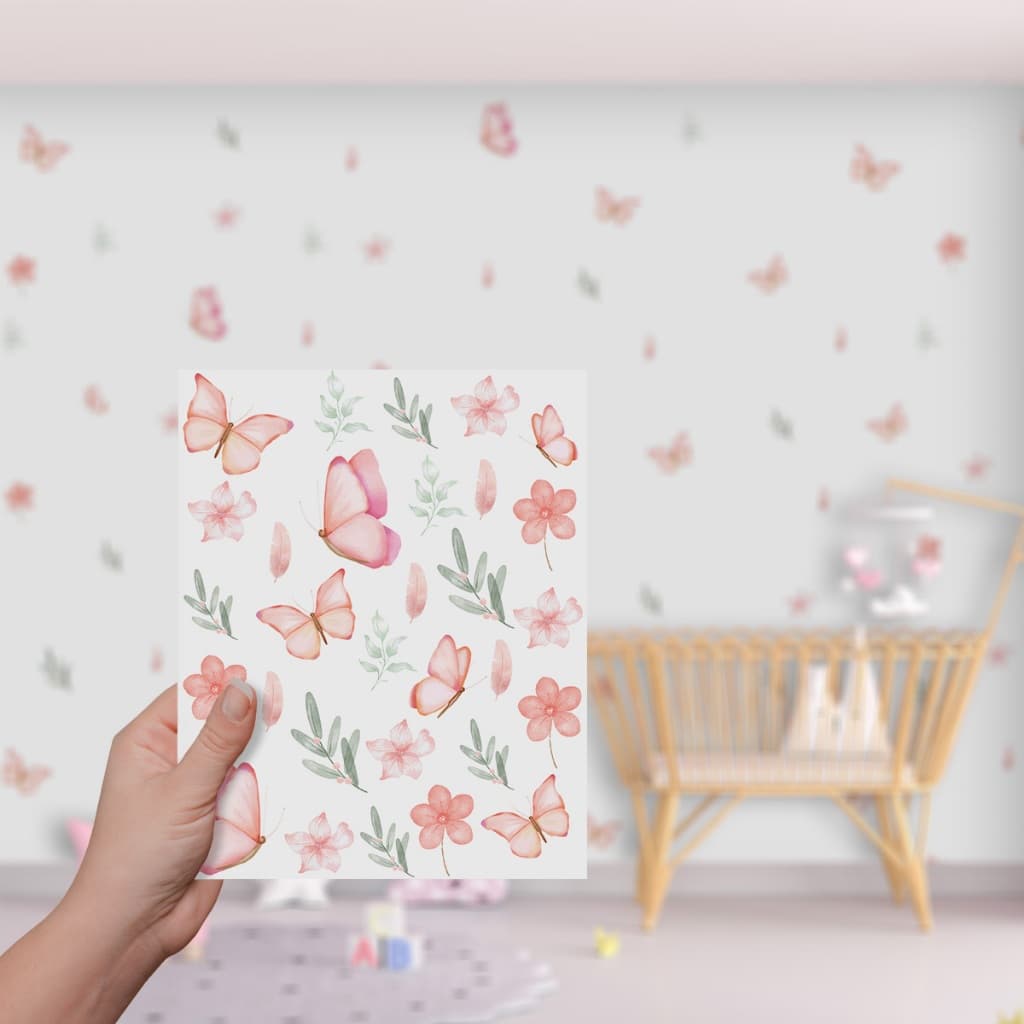 Adesivo De Parede Decorativo Borboletas Floral Raminhos Flores Rosa Quarto Menina Feminino