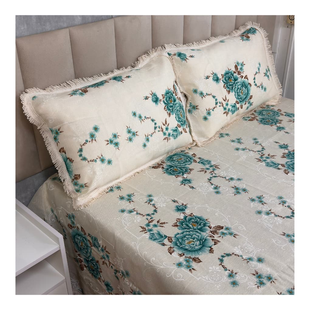 Jogo de Colcha Cobre Leito Tecido Linhão Para Cama Casal Box Padrão c/ Franja e Fronhas Algodão