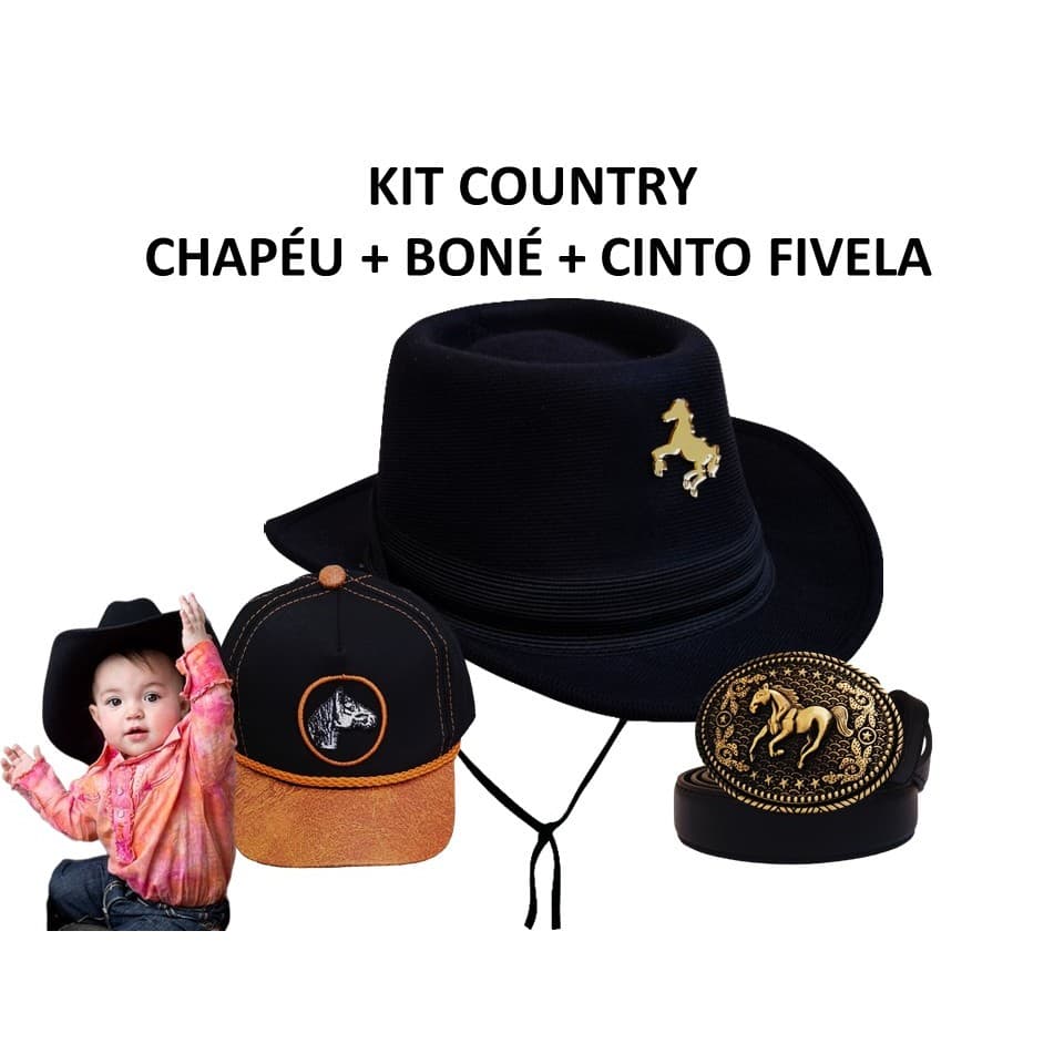 KIT COUNTRY ( CHAPÉU +BONÉ + CINTO )MENINO BEBÊ RODEIO FESTA JUNINA SÃO JOÃO