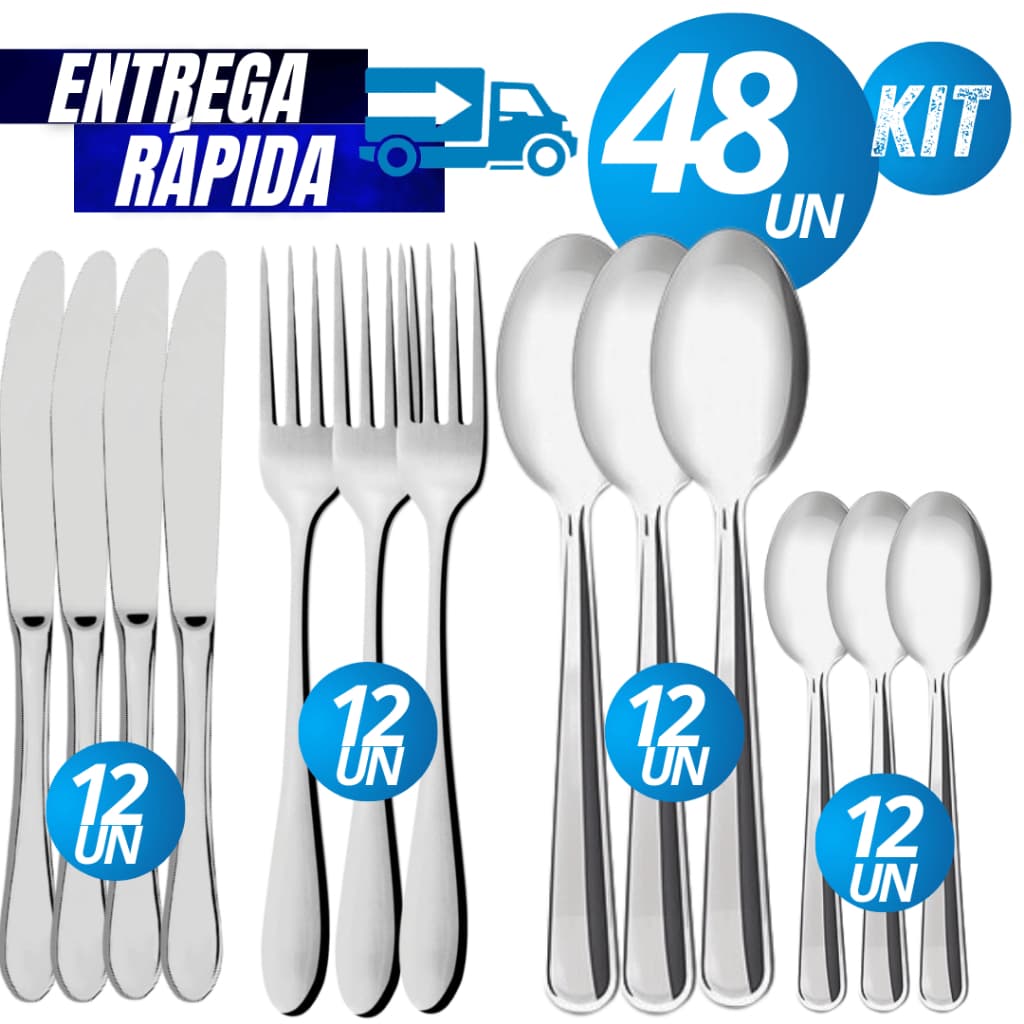 Kit 48/24  Talheres 100% Inox Garfo Faca Colher  + Colher Sobremesa Cozinha Restaurante  Qualidade Linha Premium