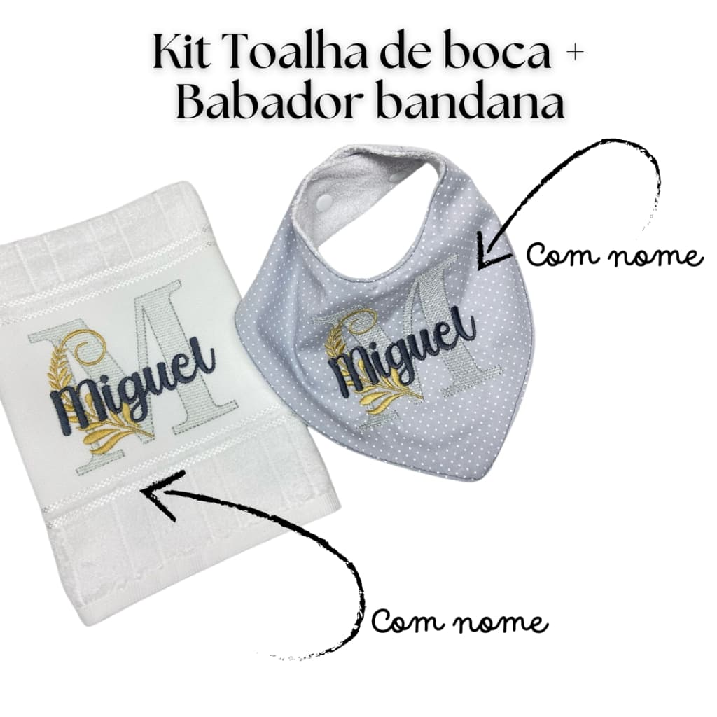 Toalha de boca bordada + babador bandanda personalizado com inicial e nome