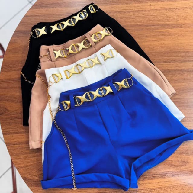 Short Feminino Estiloso Alfaiataria Cintura Alta  com Cinto Corrente Tendência Verão