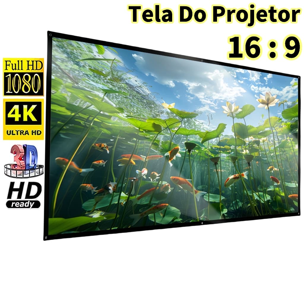 Tela de projetor 16:9 branca anti-luz moldura preta de 84-150 polegadas com furo metal home theater