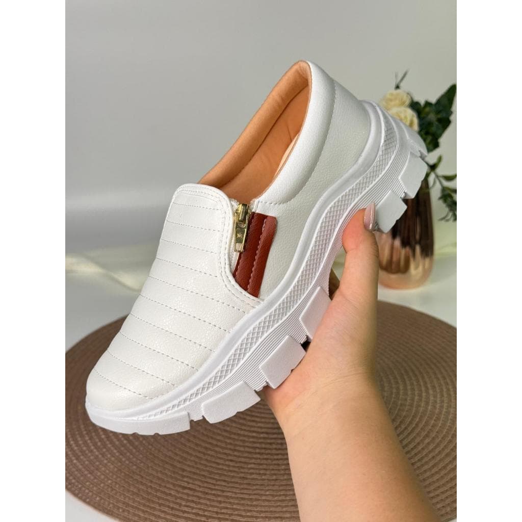Tênis Feminino Branco Slip On Sapatênis Sapatilha Casual Tratorado Confortável Envio Imediato
