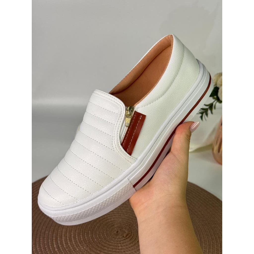 Confortável Tênis Feminino Branco Sapatênis Slip On Sapatilha Casual Com Zíper Envio Imediato