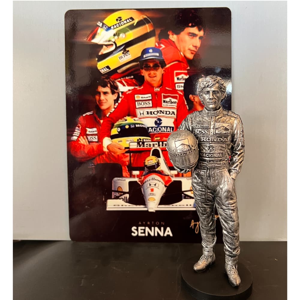 Ayrton Senna Estátua de Resina 19cm + Placa de Metal 20x28 Fã Fórmula 1 Senna Colecionável