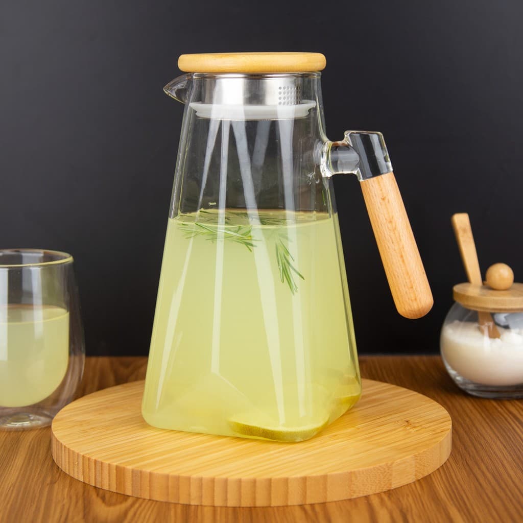 Jarra de Vidro Borossilicato 1.8L Tampa Bambu Alça Ergonômica Suporta Calor Bebidas Quentes Frias