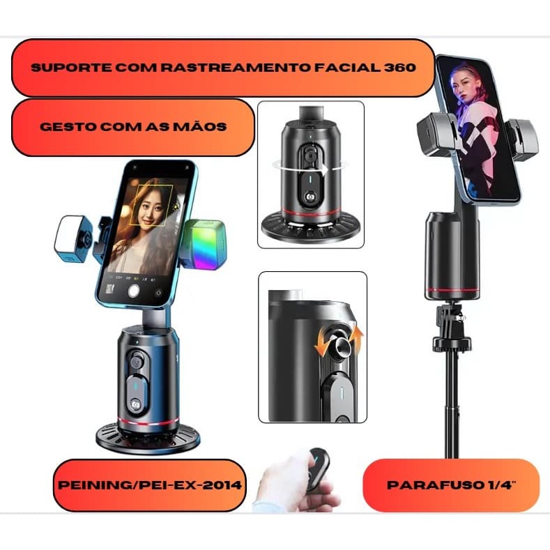 Estabilizador Gimbal com Suporte para Celular e Rastreamento Facial I.A 360º Bluetooth/PEI-EX-2014