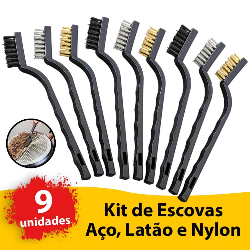 Kit Escovas Escovinhas Aço Multiuso Limpeza Limpa Grelha Churrasqueira Conjunto Jogo Cobre Nylon