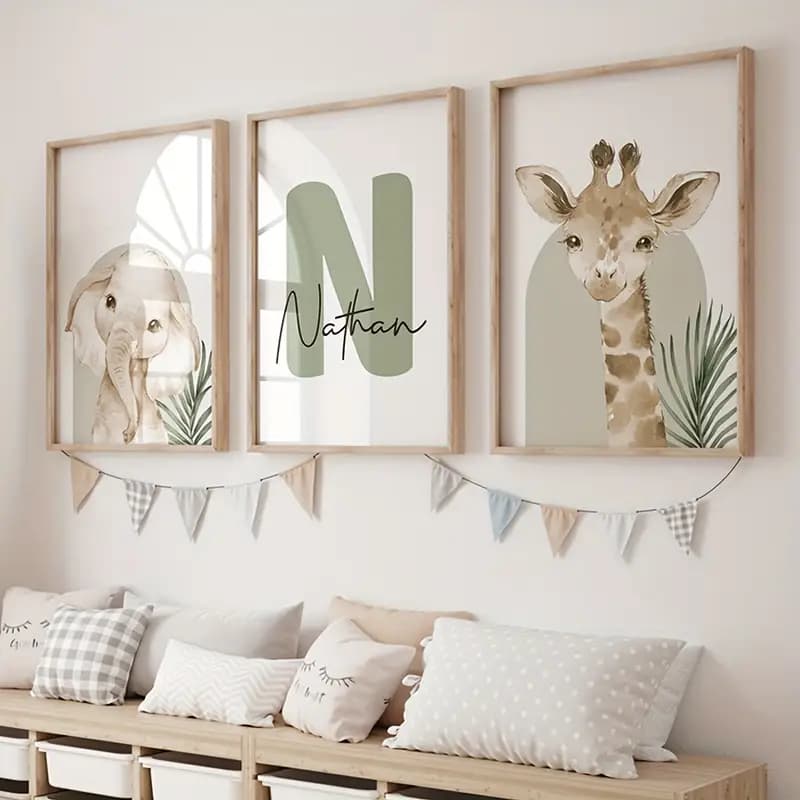 Quadro Decorativo Nome Personalizado Crianças para Decoração Baby, Impressões de Animais Safari