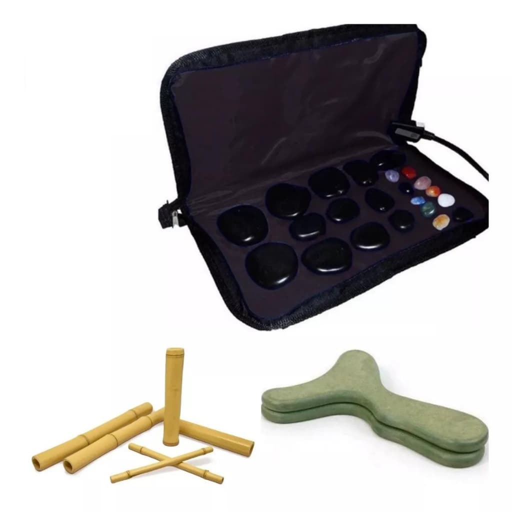 Kit 12 Pedras de massagem vulcanicas basalto + Pantala + Bambu + Chakras + Bolsa Térmica aquecer