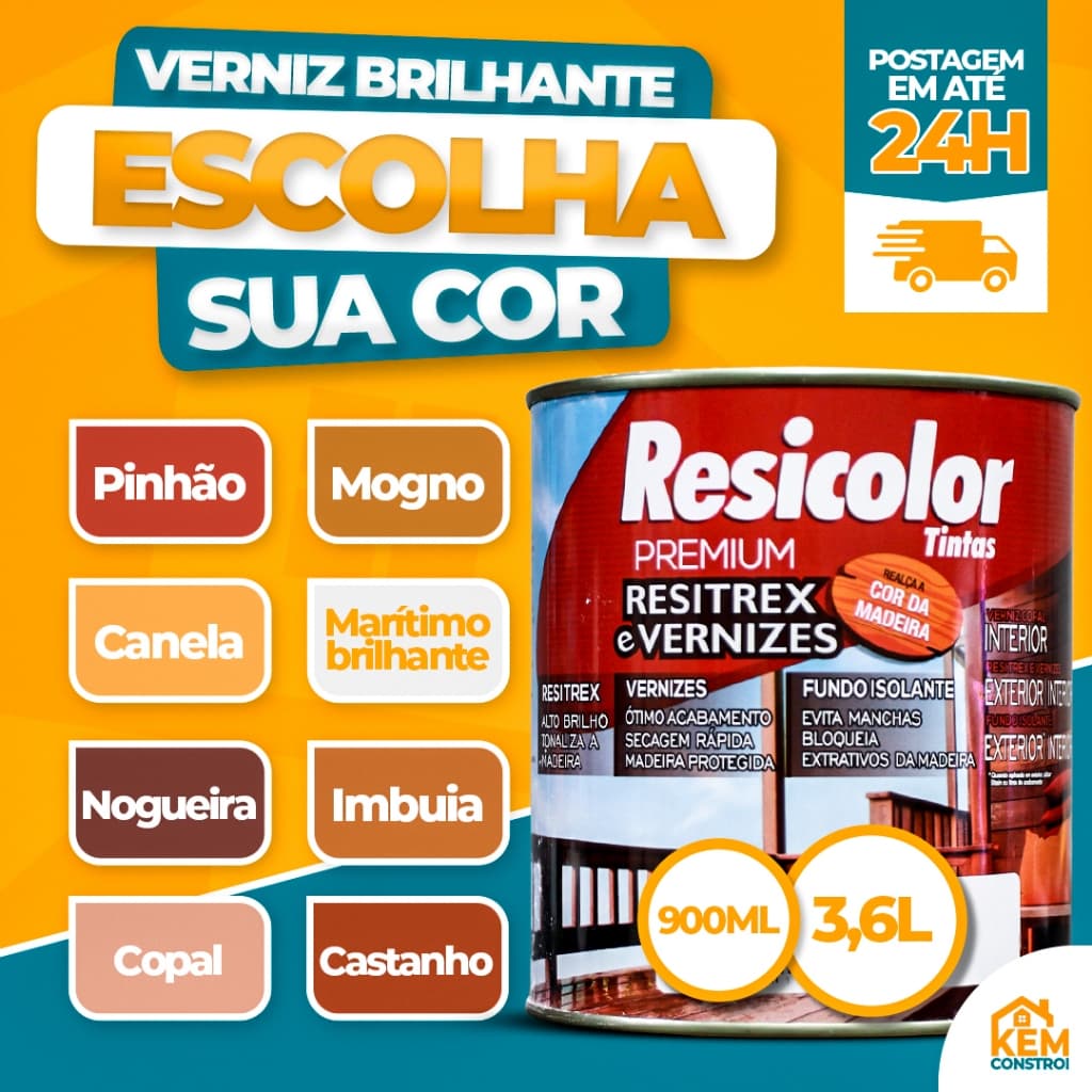 Verniz Brilhante Para Madeira Interno Secagem Rápida Lata Galão 900ml/3,6 Litros - Resicolor