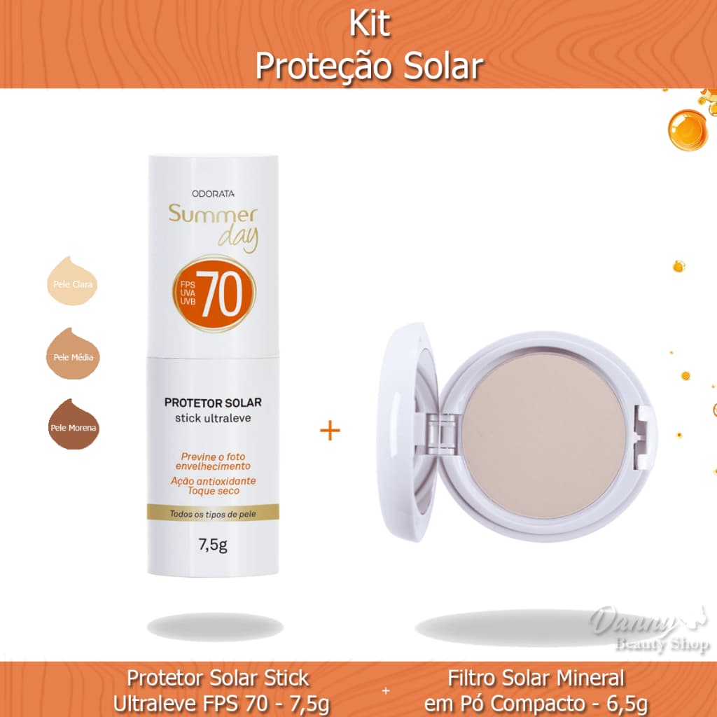 Protetor Solar Stick FPS 70 + Filtro Solar em Pó Compacto FPS 70 Pele Clara Média e Morena - Odorata