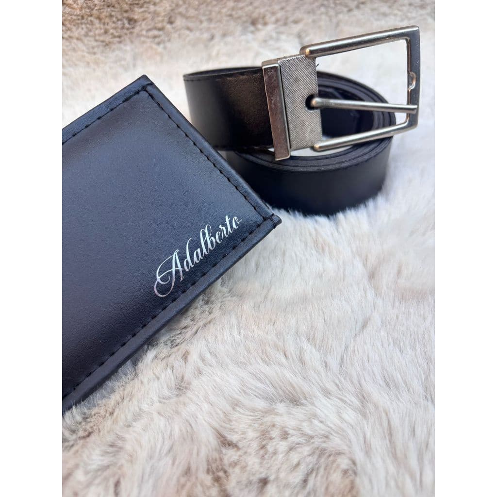 Kit Carteira Masculina Slim + Cinto Dupla Face Personalizados Com Nome ou Iniciais Em Couro Sintético