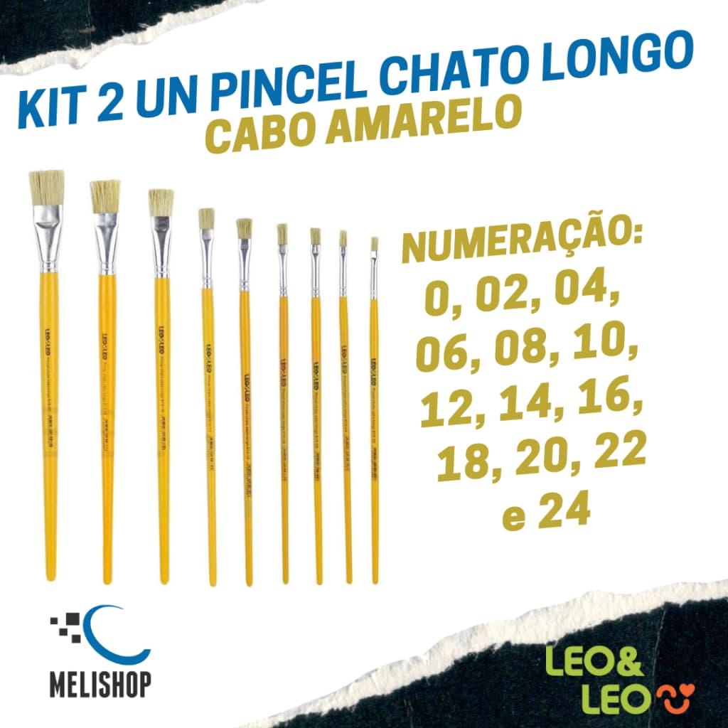 Kit 2 Pincéis Chato Longo 0 02 04 06 08 10 12 14 16 18 20 22 24 Escolar Artesanato Leo e Leo