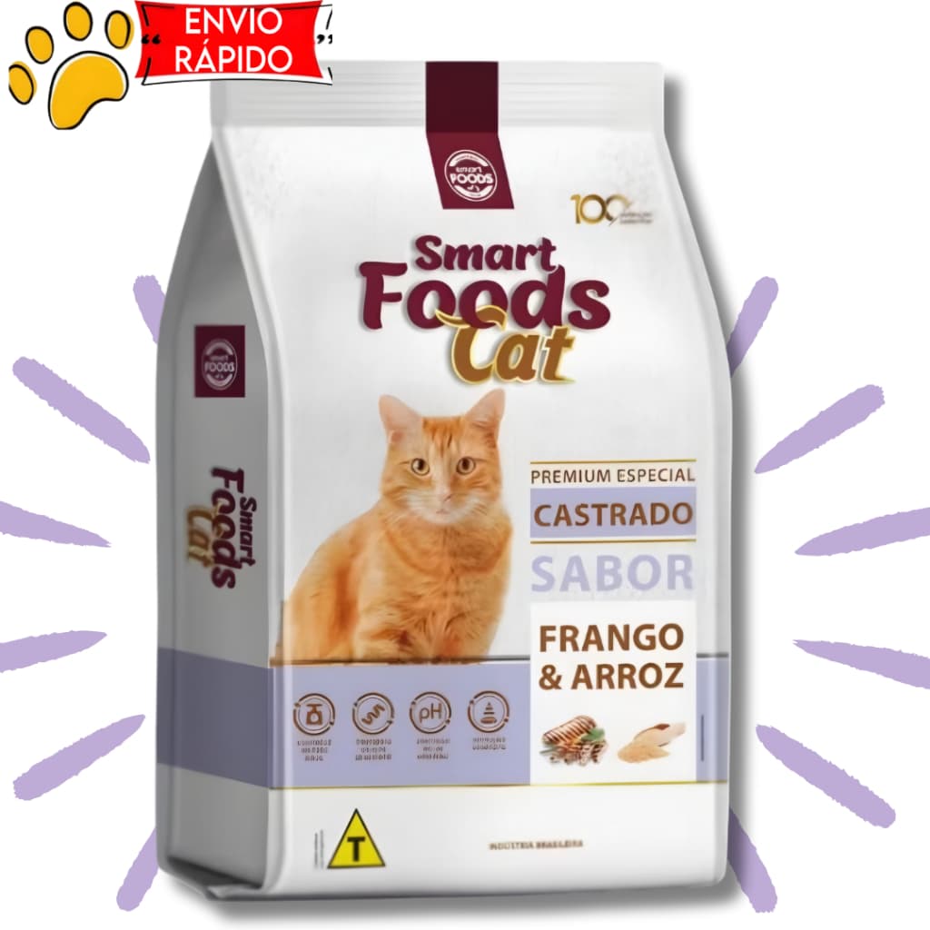 Ração smart foods cat para gatos castrados sabor frango e arroz 10.1kg