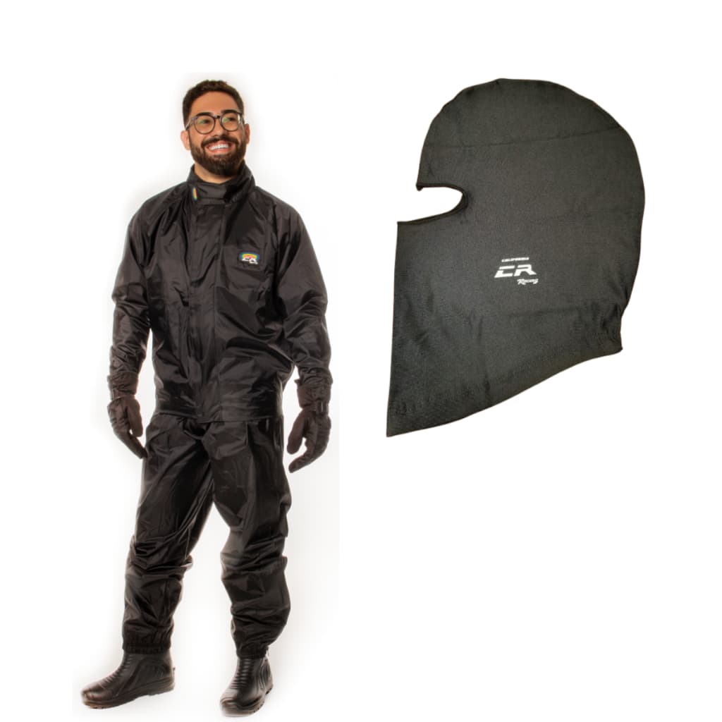 Kit Conjunto Chuva California Racing Nylon Preto + Balaclava CR Preto