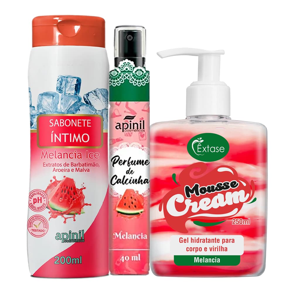 Kit Íntimo Êxtase 3 Peças – Mousse Beijável para Virilha + Sabonete Íntimo + Perfume de Calcinha