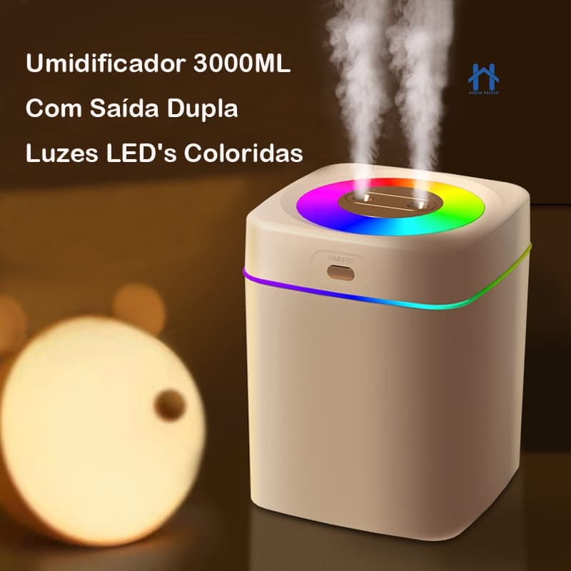 Umidificador Grande 3 Litros Saída Dupla Luzes LED's Coloridas Silencioso e Neblinas Controláveis