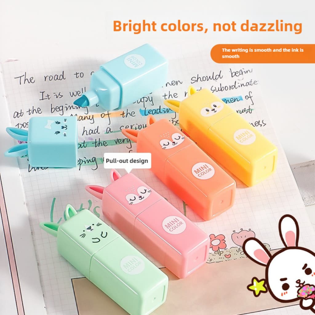 Kit 6 mini marca texto pastel fofo Coelhinho Kawaii marcador iluminador divertido Coelho Páscoa