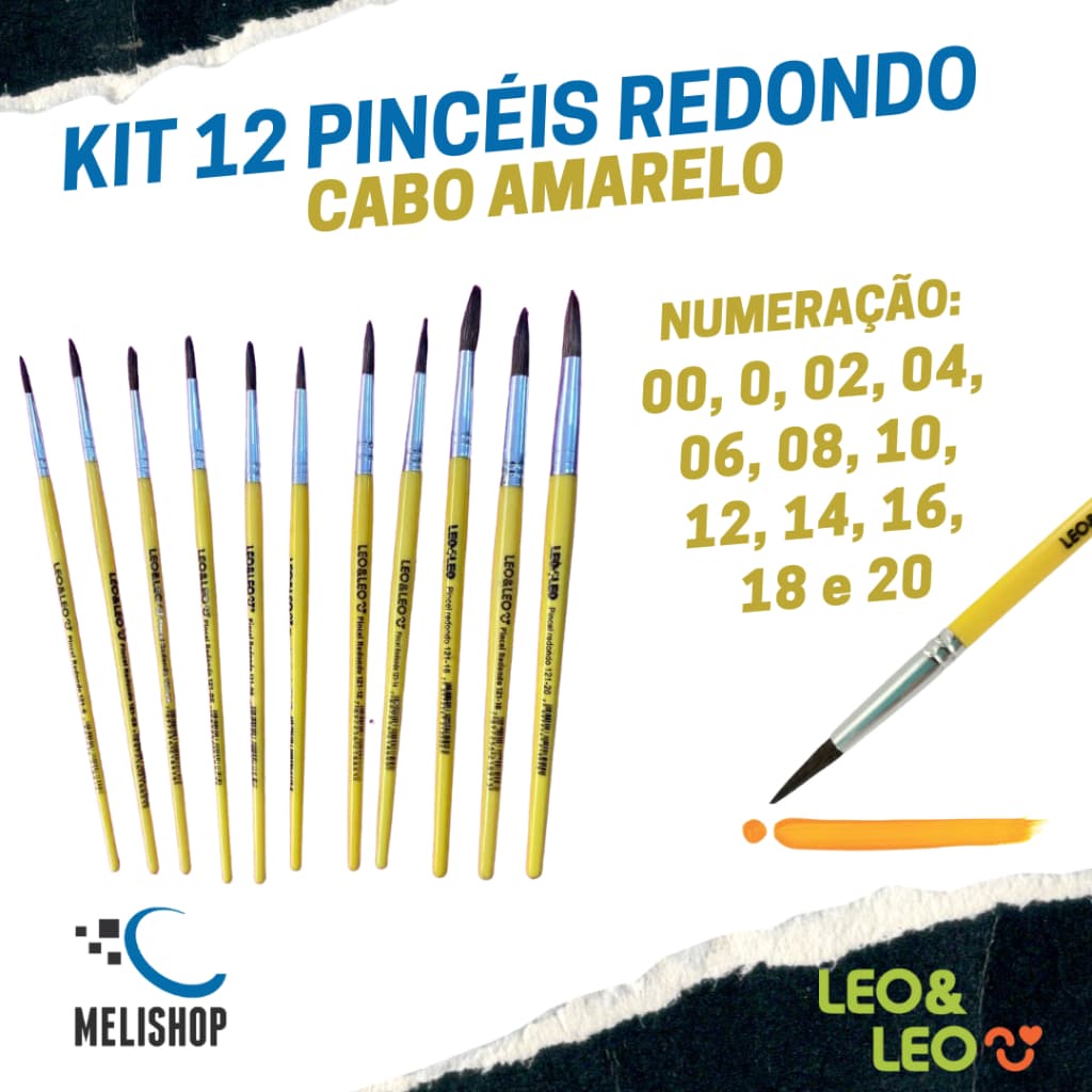 Kit 12 Pincéis Redondo nº 00 0 2 4 6 8 10 12 14 16 18 e 20 Escolar Artesanato Leo e Leo